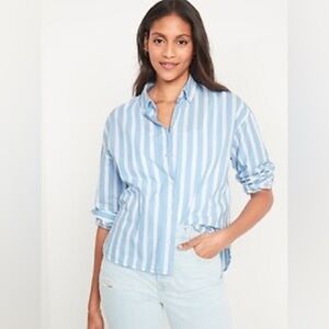 Old Navy blue striped Long-Sleeve Oversized Cropped Striped Boyfriend Shirt XL